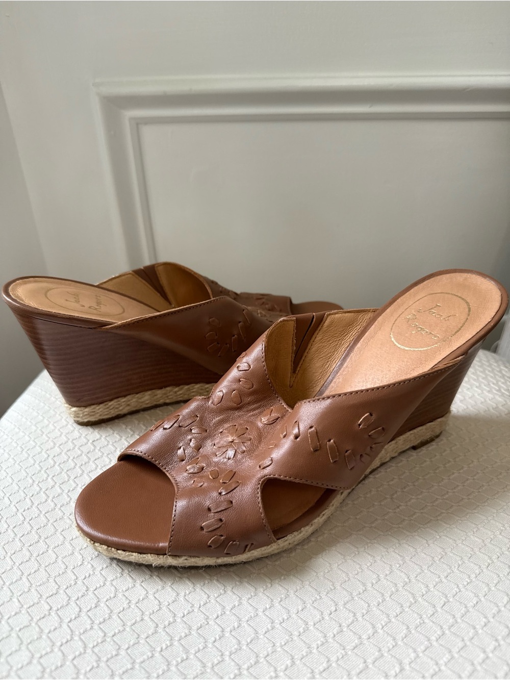 Jack Rogers Leather Brown Wedge Slide Sandals - Women Size 10M